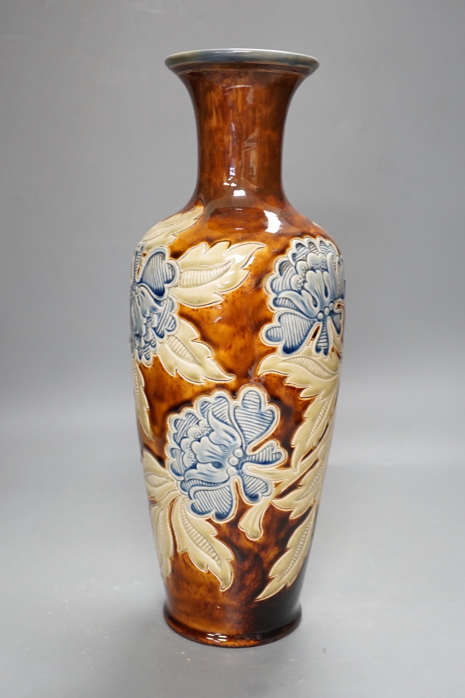 Louisa E. Edwards, a Doulton Lambeth floral vase, dated 1884, 39cm high